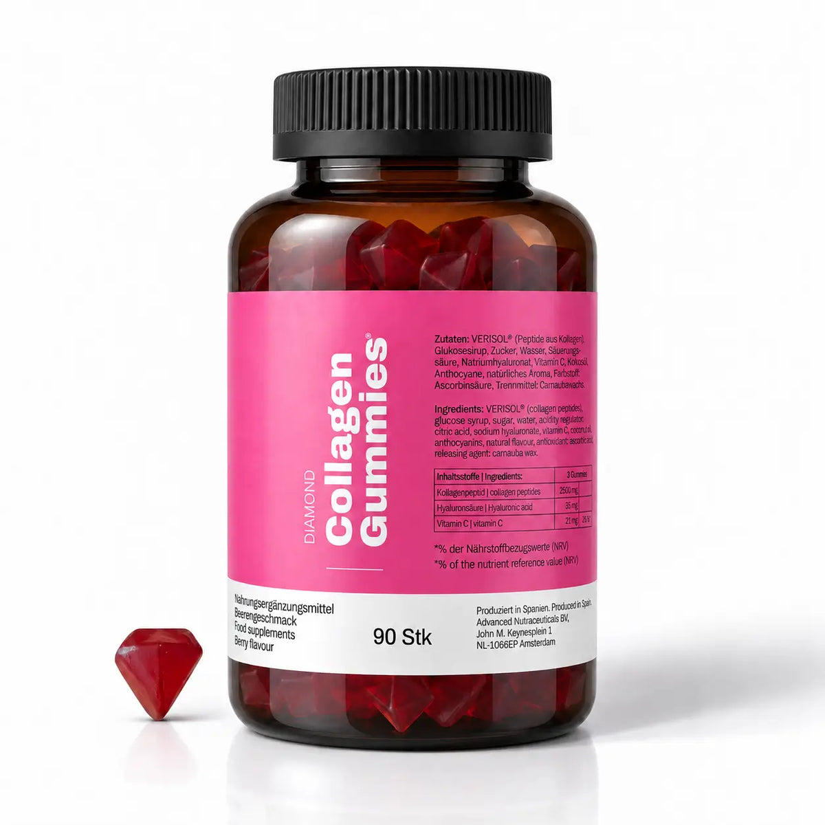 Dose der True Story Kollagen Gummies mit VERISOL® Kollagen, 90 Stück, neben einem roten Gummi