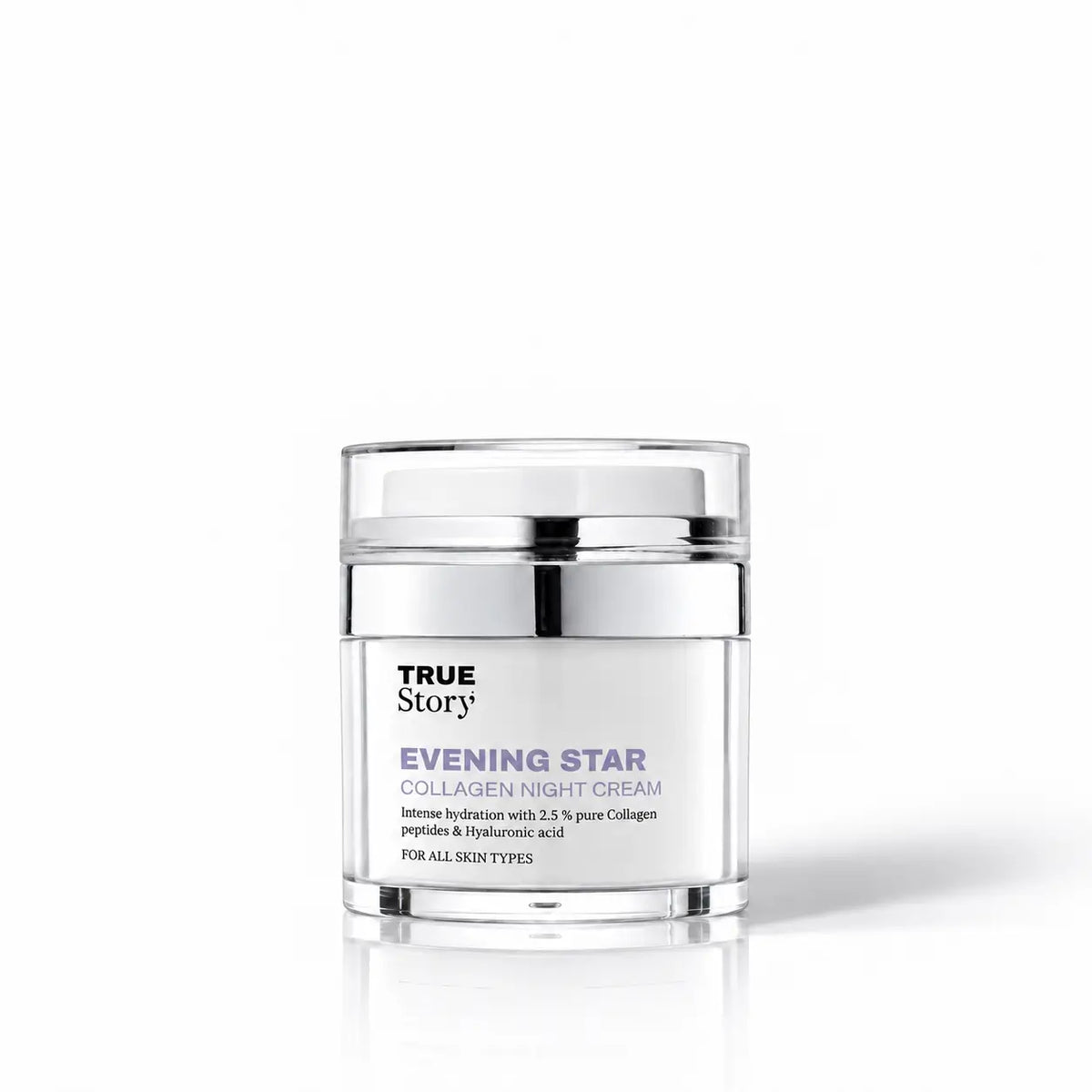 Tiegel der True Story «Evening Star» Kollagen-Nachtcreme mit 2.5 % Kollagen und Hyaluronsäure auf hellem Untergrund