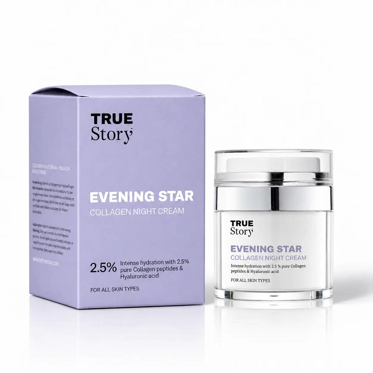 Violette Verpackung und Tiegel der True Story «Evening Star» Kollagen-Nachtcreme, 50 ml