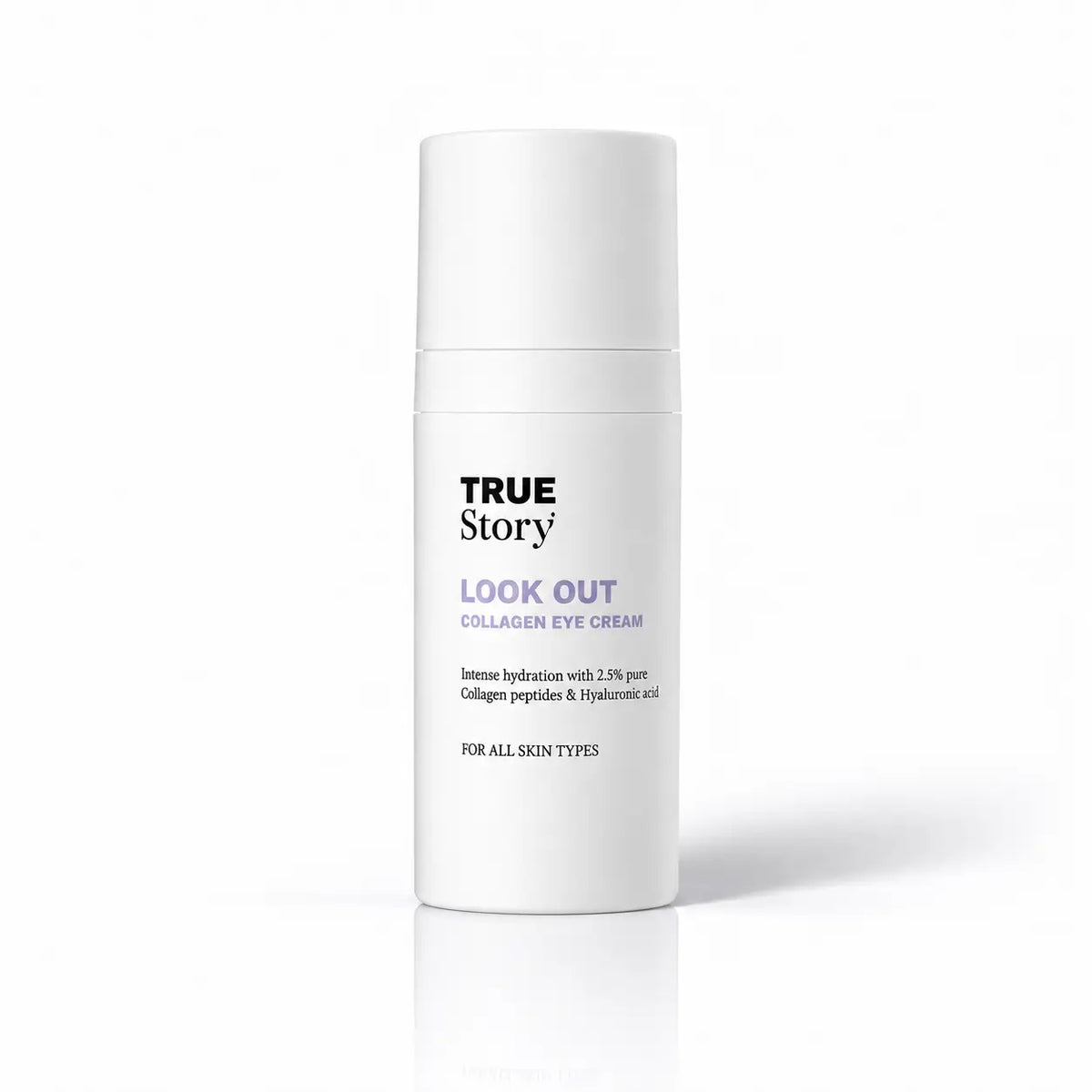 Flakon der True Story «Look Out» Kollagen-Augencreme mit 2.5 % Kollagen und Hyaluronsäure auf hellem Untergrund