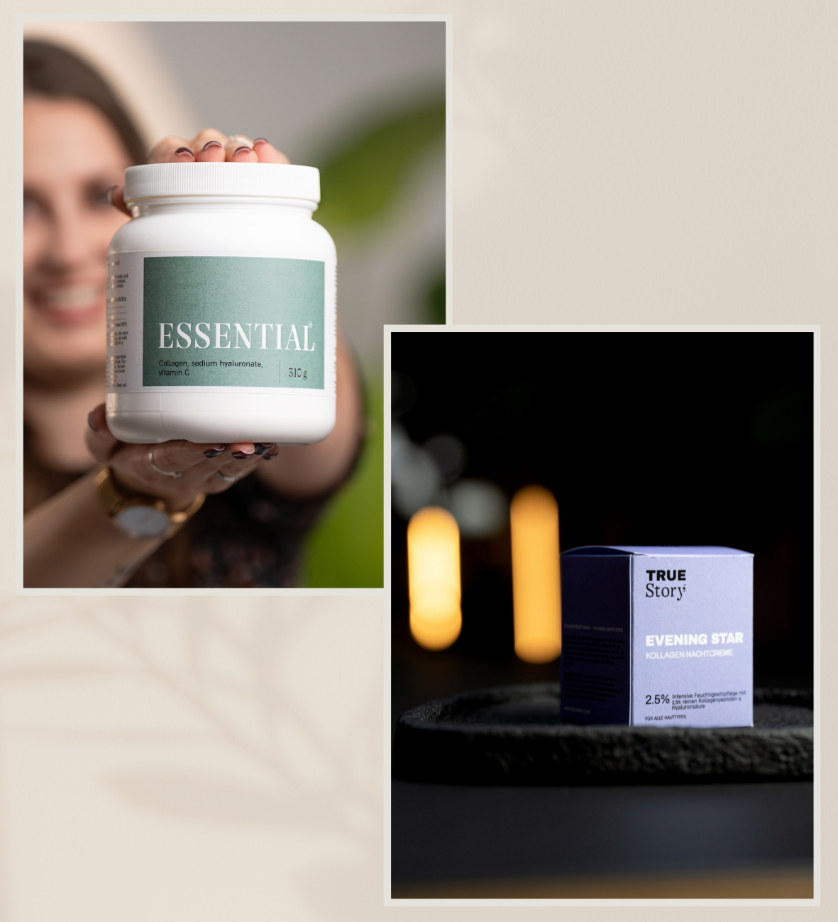 True Story Produkte in Anwendung und Inszenierung: Essential Dose, daneben eine Evening Star Nachtcreme.
