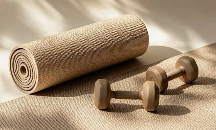 Beige Yoga Matte und zwei Hanteln im warmen Licht.